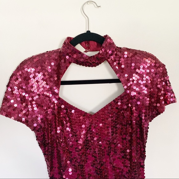 Cache magenta pink sequin halter tie dress Sz 6 - Picture 4 of 10